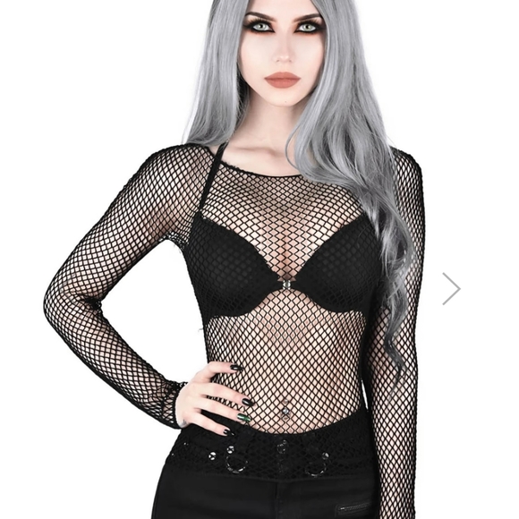 Dolls Kill Tops - Killstar Hellrazor Fishnet Top Long Sleeve Black